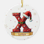 サンタハット 赤いクリスマス文字 X 名前 セラミックオーナメント (正面)