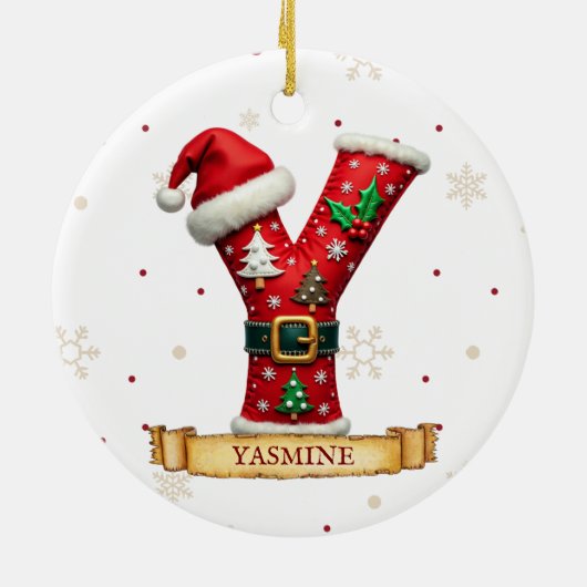 サンタハット 赤いクリスマス文字 Y 名前 セラミックオーナメント (裏面)