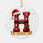 サンタハット 赤いクリスマス 文字 H 名前 セラミックオーナメント (正面)