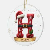 サンタハット 赤いクリスマス 文字 H 名前 セラミックオーナメント (左)