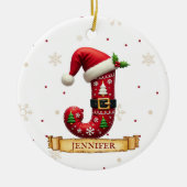 サンタハット 赤いクリスマス 文字 J 名前 セラミックオーナメント (正面)