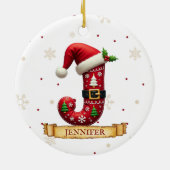 サンタハット 赤いクリスマス 文字 J 名前 セラミックオーナメント (裏面)