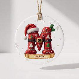 サンタハット 赤いクリスマス 文字 M 名前 セラミックオーナメント