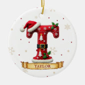 サンタハット 赤いクリスマス 文字 T 名前 セラミックオーナメント (正面)