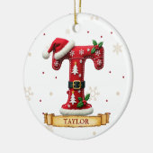 サンタハット 赤いクリスマス 文字 T 名前 セラミックオーナメント (左)
