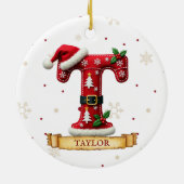 サンタハット 赤いクリスマス 文字 T 名前 セラミックオーナメント (裏面)