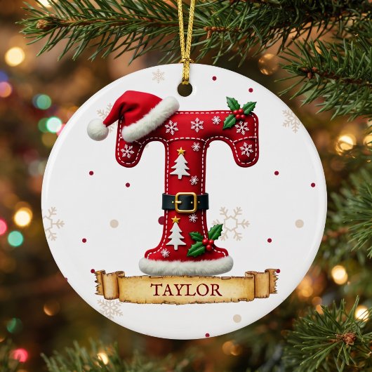 サンタハット 赤いクリスマス 文字 T 名前 セラミックオーナメント