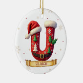 サンタハット 赤いクリスマス 文字 U 名前 セラミックオーナメント (右)