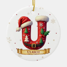 サンタハット 赤いクリスマス 文字 U 名前 セラミックオーナメント
