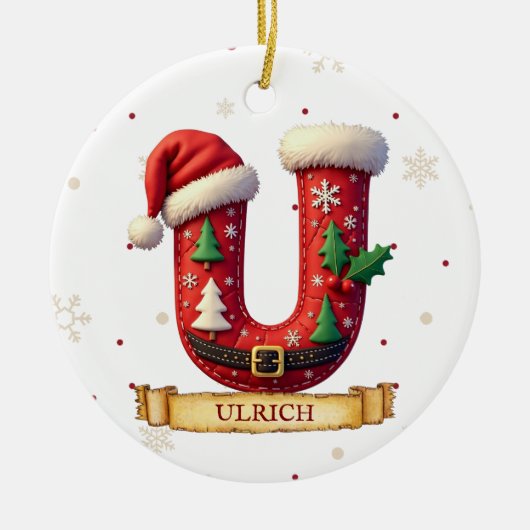 サンタハット 赤いクリスマス 文字 U 名前 セラミックオーナメント (正面)