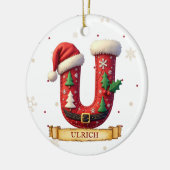 サンタハット 赤いクリスマス 文字 U 名前 セラミックオーナメント (左)