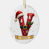 サンタハット 赤いクリスマス 文字 V 名前 セラミックオーナメント (右)