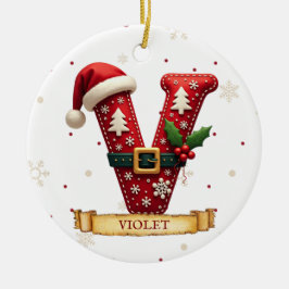 サンタハット 赤いクリスマス 文字 V 名前 セラミックオーナメント