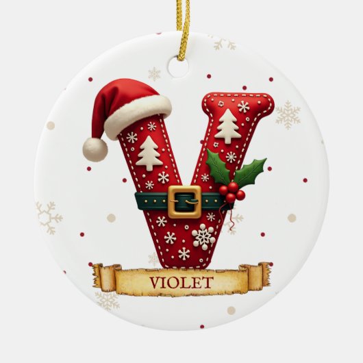 サンタハット 赤いクリスマス 文字 V 名前 セラミックオーナメント (正面)