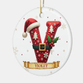 サンタハット 赤いクリスマス 文字 V 名前 セラミックオーナメント (左)