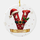 サンタハット 赤いクリスマス 文字 V 名前 セラミックオーナメント (裏面)