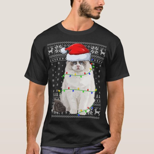 サンタハトラグドール猫クリスマス照明醜いラグドールC Tシャツ (正面)