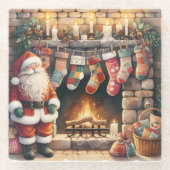 サンタバイ暖炉クリスマスストッキング ガラスコースター (正面)