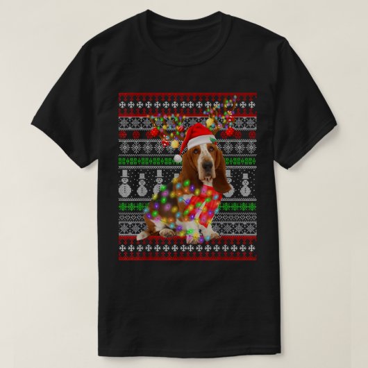 サンタバセットハウンドドッグクリスマスライト醜いクリスマス Tシャツ (デザイン正面)