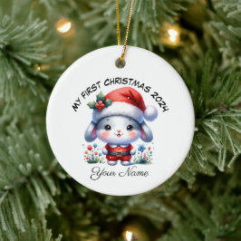 サンタバパーソナライズされたニー初めてのクリスマス セラミックオーナメント