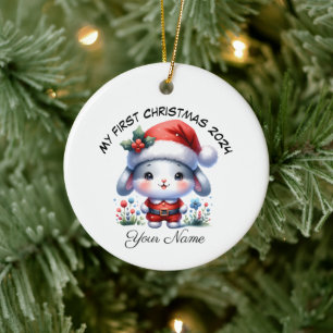 サンタバパーソナライズされたニー初めてのクリスマス セラミックオーナメント