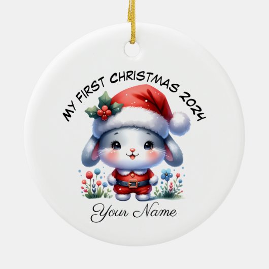 サンタバパーソナライズされたニー初めてのクリスマス セラミックオーナメント (裏面)