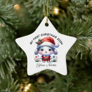 サンタバパーソナライズされたニー初めてのクリスマス セラミックオーナメント