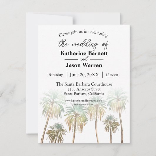 サンタバーバラパームツリーズビーチウォーターカラー 招待状 (正面)