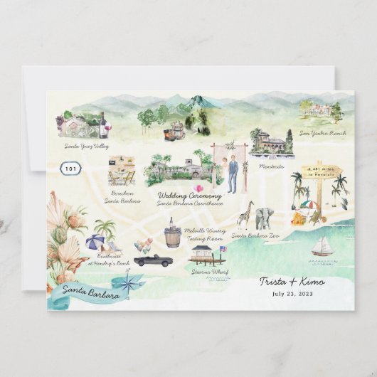 サンタバーバラ |の結婚週末の日程マップ 招待状 (正面)