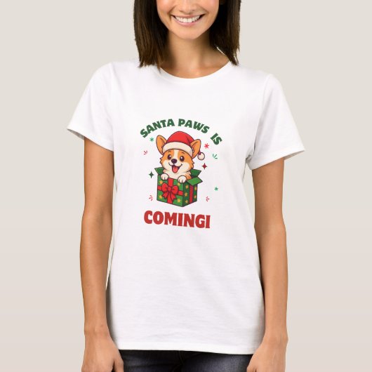 サンタパウズがやってくる かわいいクリスマスの犬のデザイン Tシャツ (正面)