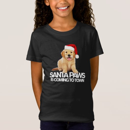 サンタパウズ カミング トゥ タウン 新しい子犬 クリスマス Tシャツ (正面)