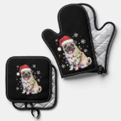 サンタパグクリスマスライトクリスマスドッグ恋人 鍋つかみ&鍋敷きセット (正面/裏面)