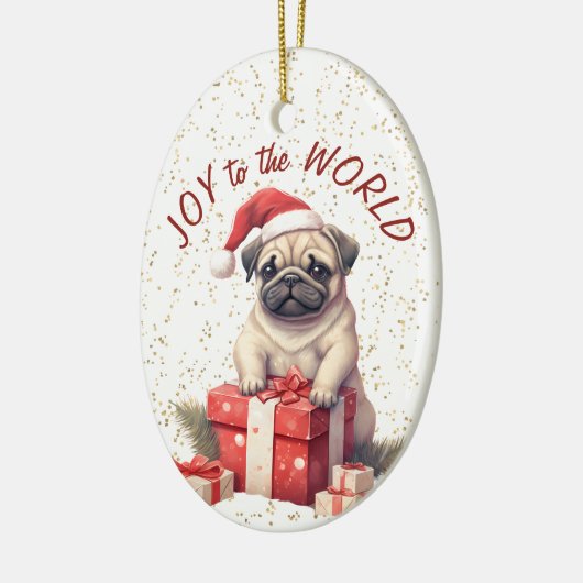 サンタパグドッグギフトボックス喜びに世界の休日 セラミックオーナメント (左)