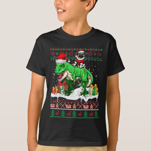 サンタパグ乗馬Tレックスクリスマスセーター愛人オウン Tシャツ (正面)