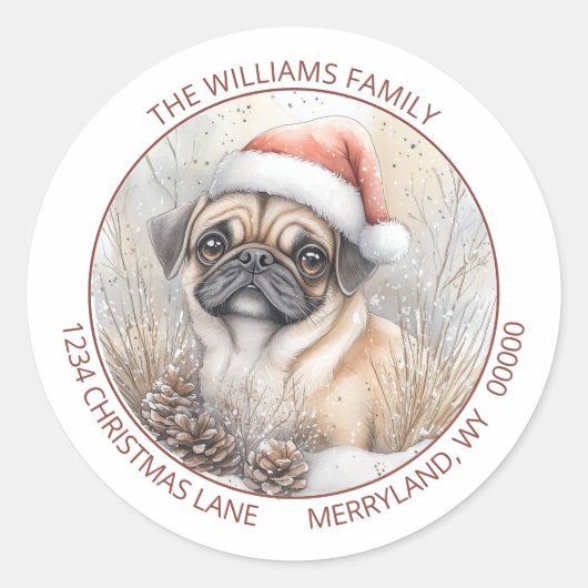 サンタパグ犬の雪景色の水彩画シーン ラウンドシール (正面)