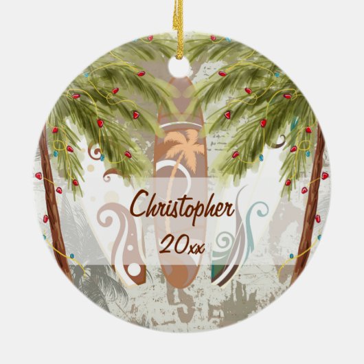 サンタパーソナライズされたとサーフボードビーチクリスマス セラミックオーナメント (裏面)