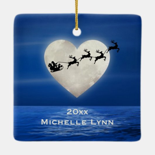 サンタパーソナライズされたとハートムーンビーチクリスマス セラミックオーナメント (裏面)