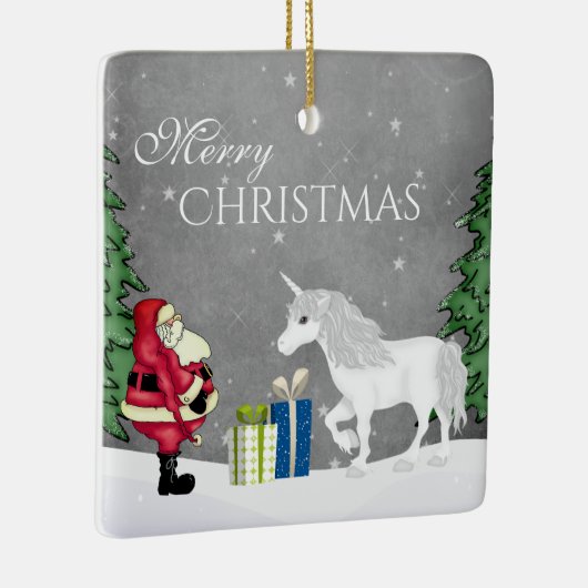 サンタパーソナライズされたとユニコーンのメリークリスマス セラミックオーナメント (右)