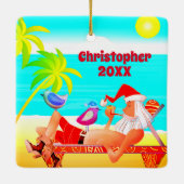 サンタパーソナライズされたと鳥のビーチメリークリスマス セラミックオーナメント (裏面)