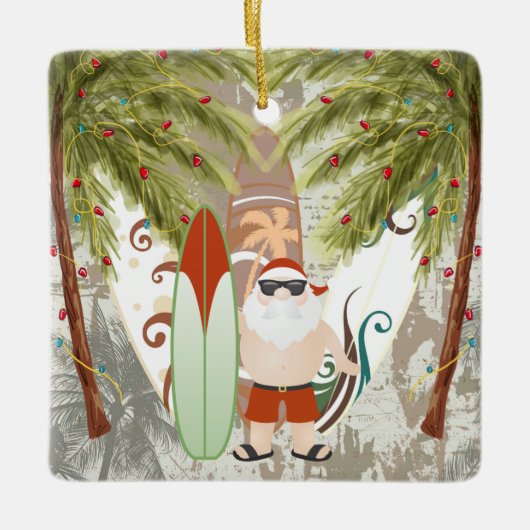 サンタパーソナライズされたアンドサーフボードビーチクリスマス セラミックオーナメント (正面)