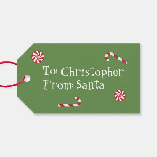 サンタパーソナライズされたクリスマスキャンディグリーンからの贈り物 ギフトタグ (裏面横)