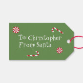 サンタパーソナライズされたクリスマスキャンディグリーンからの贈り物 ギフトタグ (正面(横))