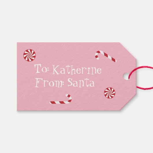 サンタパーソナライズされたクリスマスキャンディピンクからの贈り物 ギフトタグ (正面(横))
