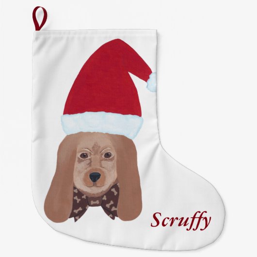 サンタパーソナライズされたハウンドドッグクリスマスストッキング ラージクリスマスストッキング (正面)