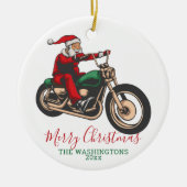 サンタパーソナライズされたバイクもしくは自転車に乗る人クリスマス セラミックオーナメント (正面)