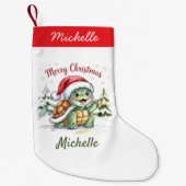 サンタパーソナライズされたーでメリークリスマスカメと名前 スモールクリスマスストッキング (正面)