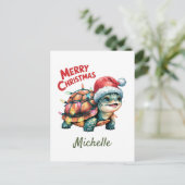 サンタパーソナライズされたーでメリークリスマスカメと名前 ポストカード (スタンド正面)