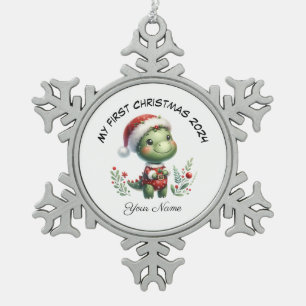 サンタパーソナライズされたー恐竜初めてのクリスマス スノーフレークピューターオーナメント