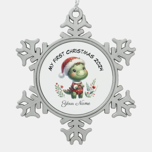 サンタパーソナライズされたー恐竜初めてのクリスマス スノーフレークピューターオーナメント (正面)