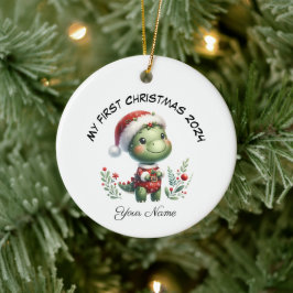 サンタパーソナライズされたー恐竜初めてのクリスマス セラミックオーナメント